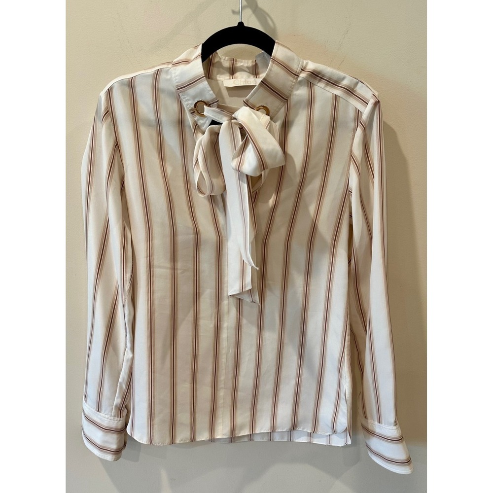 Chloe Pencil Striped Silk Tie Neck Long Sleeve Blouse V-neck Beige Lux $1150